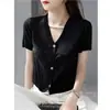 Cardigan de Tricô de Manga Curta Estilo Verão Gola V Solto Fino Camiseta Novo Estilo Emagrecedor Top de Seda Gelada para Mulheres Vermelho