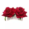 Peine para el cabello de terciopelo rosa transfronterizo, Pasador de pelo vintage para novia, Accesorio para el cabello de doble flor artificial con borde enrollado color burdeos para mujer