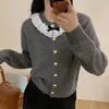 Suéter de Gola Redonda com Laço de Renda Retro Francês Feminino Primavera e Outono Novo Doce Estilo Coreano Cardigã Jaqueta Tricotado Xadrez