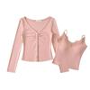 Camiseta de tirantes de manga larga con cuello en V plisado, diseño de dos piezas, estilo chica sexy, chaleco pequeño, camiseta de base ajustada para mujer