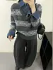 Suéter Pulôver Jeans Patchwork Estilo Europeu com Gola Lapela 2026 Novo Design de Primavera Top de Malha Jacquard para Mulheres