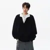 Moletom Masculino de Outono com Padrão de Espiga de Trigo Falso Duas Peças Americano Cleanfit Patchwork Gola Lapela Alta Inteligência Casal Manga Longa