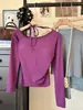 Camiseta Feminina Outono/Inverno Estilo Desejo Puro com Amarração Lateral, Fenda, Manga Longa Irregular Slim, Ombro a Ombro
