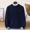 Suéter de punto grueso cálido para hombre 100% lana, otoño e invierno, suéter de punto liso de cuello semi-alto para hombre