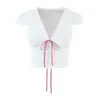 Estilo Pura Sexy Decote em V Profundo Laço de Renda Cintura Alta Manga Curta Camisa Verão Slim Fit Top Hot Girl para Mulheres