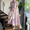 Coreia do Sul Dongdaemun novo listrado mangas cintura vestido vestido longo