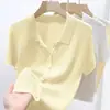 Verão 2025 Novo Cardigan Tricotado Solto com Gola Polo Feminino Design com Lapela Camiseta de Manga Curta Top Fino
