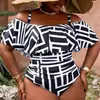 Traje de baño de una pieza Langxin 2026 Nuevo estilo europeo y americano Talla grande para mujer con volantes y diseño de hombros descubiertos, Traje de baño transfronterizo de Amazon