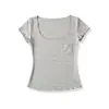 Camiseta básica elástica ajustada para mujer, hecha de Tencel con un cuello grande ligeramente transparente, mangas cortas, camiseta base ajustada a la moda y versátil