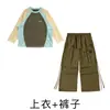 Roupa de performance de dança de rua hip-hop infantil, conjunto unissex de manga longa color block verde oliva, roupas hiphop descoladas e estilosas