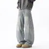 Calça jeans masculina estilo americano, lavada e com efeito desgastado, padrão de bambu, para outono, perna reta, modelagem solta e casual, perna curva.