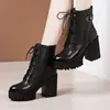 Botas de Salto Grosso de Salto Alto para Mulheres 2025 Outono e Inverno Novo Estilo Botas de Cano Médio com Cadarço Forradas de Lã Plataforma Impermeável Botas Curtas de Salto Alto com Solado Grosso