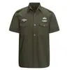 Verão Transfronteiriço AliExpress Air Force One Cor Sólida Algodão Camisa Masculina de Manga Curta Verde Militar Camisa de Trabalho Masculina Camisa de Manga Meia