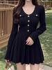 Vestido de Punto Negro de Manga Larga con Cuello en V Estilo Hepburn Francés para Mujer, Elegante y Femenino, Aspecto Adelgazante en la Cintura, Falda de Corte A de Alta Gama
