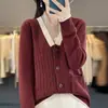Cardigan Tricotado Feminino Novo Outono e Inverno 100% Lã Engrossado Color Block com Tranças Decote V Solto Roupa Externa Suéter Fashion