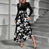Sitio Independiente de Comercio Exterior Transfronterizo de Amazon Aliexpress Vestido Nuevo con Bloques de Color Estampado Floral de Cintura Alta para Mujer Estilo Elegante
