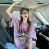 Camiseta Feminina de Algodão Puro com Estampa "Lazy Girl" Redutora de Idade Soltinha Super Quente Color Blocking Tinta Salpicada Comprimento Médio Top Emagrecedor Roupa de Fora