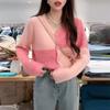 Estilo Coreano 2024 Principios de Otoño Nuevo Cárdigan de Punto Cuadros en Contraste Suave Ceroso Estilo Relajado Reductor de Edad Cuello en V Top para Mujer que Combina con Todo