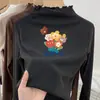 Nova Camiseta Térmica de Manga Longa para Meninas Outono e Inverno, Top Tendência Estilo Coreano com Babados e Gola Alta para Crianças Maiores
