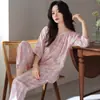 Conjunto de Ropa de Casa Suelto de Algodón Puro Tejido Delgado de Manga Siete Pantalón de Nueve Puntos Talla Grande para Mujer Verano