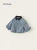 Chaqueta Bangxuan para niños para primavera y otoño, ropa infantil con solapa de color contrastante, camisa de mezclilla simple para niñas