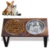 Suporte para Tigelas de Pet com Combinação de Madeira e Ferro, Duas Tigelas, Alto, Suporte para Tigela de Proteção da Coluna Cervical de Gato, Suporte de Bacia de Alimentação e Água para Gato e Cachorro de Madeira