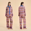Roupa de casa feminina estilo étnico padrão de cetim fina manga longa transfronteiriça conjunto de calça longa feminina chiffon novo estilo Carter