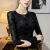 [Hecho a medida] Blusa transparente con estampado de mariposas negras para primavera/otoño para mujer, cuello redondo, corte ajustado, encaje ligeramente transparente
