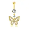 Amazon Europeo y Americano Transfronterizo Nuevo Anillo de Ombligo Perforado de Acero Inoxidable con Incrustaciones de Circonita de Mariposa Colgante de Mariposa Adorno Largo para el Ombligo
