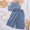 Conjunto Sem Manga Feminino Verão Novo Estilo Coreano Macacão Calça Wide-Leg Conjunto de Duas Peças Top Bordado Macacão Retro