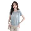 Tejido de Punto Calado de Color Sólido Camiseta de Manga Corta para Mujer Top Delgado Sexy Verano Nuevo Cuello Redondo Manga Media Jersey Blusa