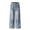 Jeans Anchos Bordados Patchwork de Corazón y Estrella para Hombre, Nuevo Estilo de Primavera con Adorno de Botón Lindo, Pantalones Largos Casuales Rectos para Mujer
