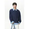 Moletom Spliced Polo de Manga Longa Rtimfd Xadrez Azul Falso Two-Piece Limpo Casual Estilo Miu Top para Homens