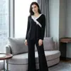 Conjunto Feminino de Casa Novo Estilo, Venda Transfronteiriça, Manga Longa, Calça Longa, Conjunto de Duas Peças com Renda, Decote V e Laço, Roupa Casual para Primavera e Outono
