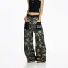 Calça Jeans Estilo Hong Kong Transfronteiriça, Nova Temporada de Verão Estampa de Estrelas Camuflada Solta Emagrecedora Cintura Alta Comprimento Total Perna Larga