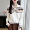 Suéter jacquard Fair Isle 100% lã pura com zíper duplo para mulheres, jaqueta cardigã de tricô estilosa outono e inverno 2026