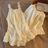 Conjunto de tirantes de algodón nube estilo princesa dulce para mujer con tirantes florales de encaje y estampado de dibujos animados, adecuado para ropa de casa, dos piezas