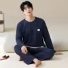 Pijama de jacquard de punto de algodón de manga larga y pantalón largo para hombre, disponible en stock para venta al por mayor, conjunto de dos piezas de otoño, ropa de casa para hombre transfronteriza para transmisión en vivo