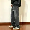 Jeans Vintage Lavados Negro-Gris para Hombre, Pantalones Rectos Sueltos de Talla Grande Simples para Otoño, Pantalones de Pierna Ancha Versátiles de Moda