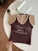 Nuevo Estilo Chica Caliente Ajustado Sexy Estampado Bloque de Color Cuello Halter Espalda Descubierta Camisola con Copas para Mujer, Top Exterior Adelgazante