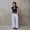 Top Corto Retro Simple de Encaje con Corte y Cordones Estilo Coreano Cuello Redondo con Lazos Hueco Ajustado Camiseta de Manga Corta Corta Ropa para Mujer