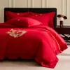 Conjunto de Casamento de Luxo Classe 100Sa de Algodão Puro Cor Vermelha Pura Festivo Casamento Roupa de Cama Lençóis de Cama Conjunto de Quatro Peças de Algodão Puro Casamento