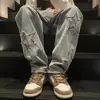Pantalones Vaqueros de Estrella de Cinco Puntas para Hombre Otoño e Invierno Estilo Americano High Street Marca de Tendencia Pantalones Estudiantes de Secundaria Tubo Recto Holgados Pierna Ancha