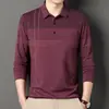 Camiseta de manga larga de primavera para hombre con cuello, ropa para hombres de mediana edad y mayores, top con bolsillo real, polo a rayas
