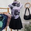 Foto Real Senso de Design Malha Tie-Dye Estampada Camiseta de Manga Curta Curta Plissada Irregular Top Hot Girl Ombro a Ombro 8721