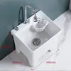 Fregadero de balcón para mopa con reposapiés, lavabo para fregar mopas, lavabo con desagüe lateral y cesta escurridora, drenaje automático, cerámica