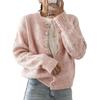 Cárdigan de Punto Cruzado Rosa Claro Mixto Cuello Redondo Corto de un Solo Botón Top Fresco Versátil Casual Suéter de Otoño e Invierno para Mujer