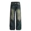 Jeans Lavado Desgastado Rasgado Estilo Retrô Americano para Homens e Mulheres 2025 Soltos Retos de Perna Larga Casuais Comprimento Total