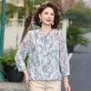 Camisa de Gasa de Primavera con Mangas de Encaje para Mujeres de Mediana Edad, Blusa de Gasa de Moda con Lazada, Top Estampado Elegante para Mujeres de Mediana Edad y Mayores