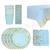 Set de Vajilla Desechable Transfronterizo de Amazon con Puntos Azules Estampados en Dorado, Platos de Papel, Vasos de Papel, Banderín, Fiesta de Pastel, Navidad
